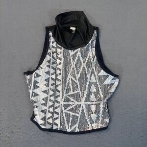 KTOO Women Silver Sequin Geometric Mock Neck Sleeveless Crop Top Black Large